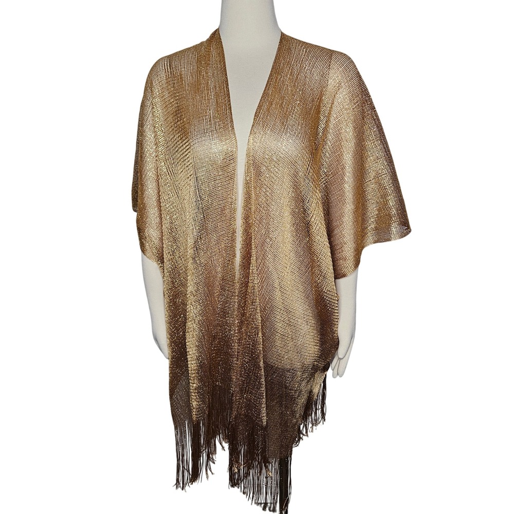 Jessica McClintock Gold Metallic Fringed Shawl Wrap Evening Knit Kimono Cardigan